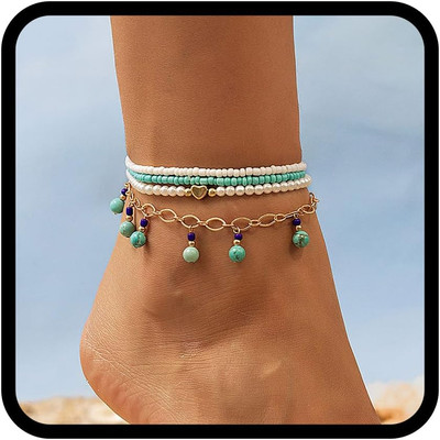 Boho Fußkettchen für Damen Türkis Fußkettchen Perlen Fußschmuck für Damen und Mä