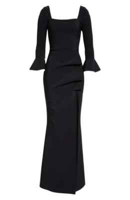 NWT, CHIARA BONI La Petite Robe Astra Bell Sleeve Cocktail Gown Black 44 #WD197