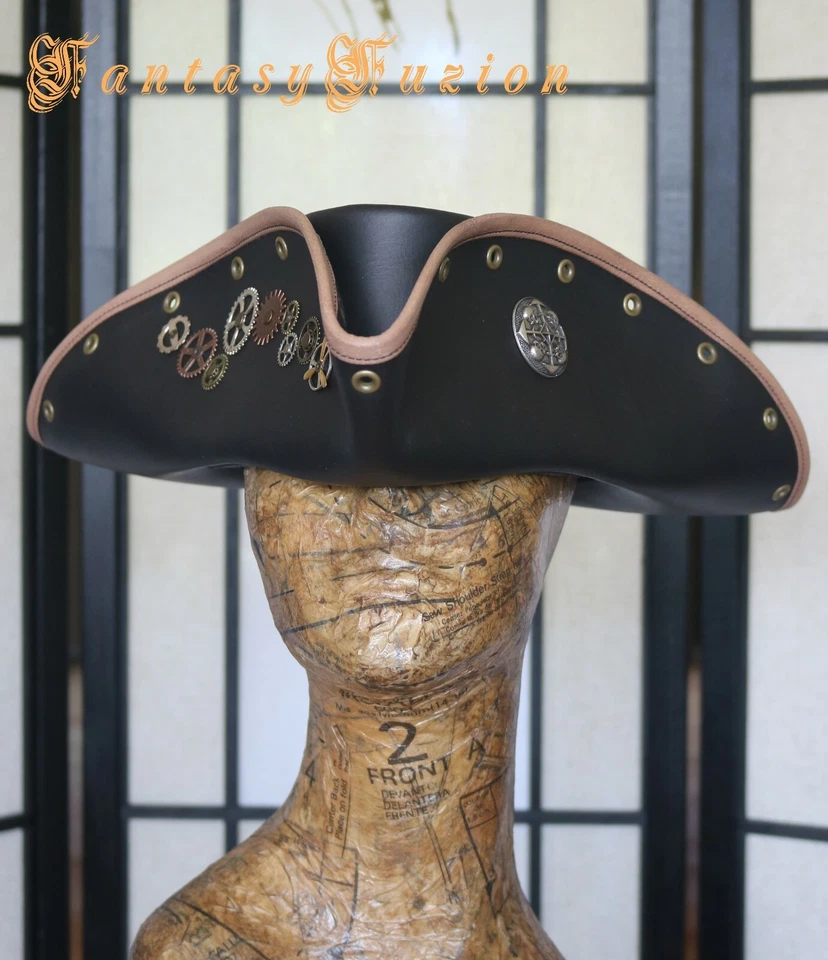 Pirate Tricorn Hat Steampunk Airship Captain Futurist Industrial Leather Hat — 第 2/3 张图片