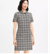 LOFT  Plaid Pink Black Ponte Button Shift Pocket Dress Academia Casual sz Small