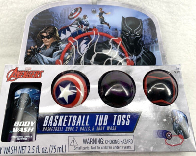 Marvel Avengers Kids Bathtub Basketball 5-Pc Set Toss Hoop 3 Balls & Body Wash