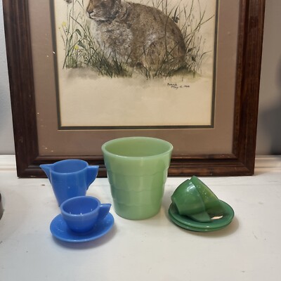 Vintage Jadeite Flower Pot, Children s Tea Cups And Saucers & Arko Agate Pitcher