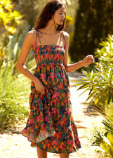 Farm Rio Smocked Cover-Up Dress Tasseled Shirred Anthropologie Island Size M NEW