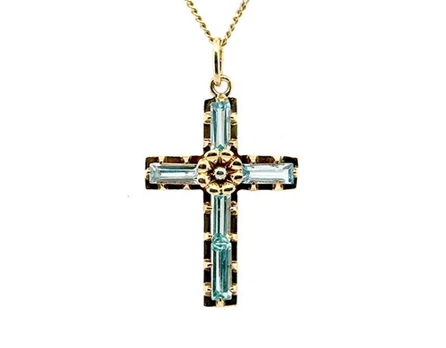 Art Deco Aquamarine Cross Pendant 1.50ct 14K March Birthstone Original 1940-1950