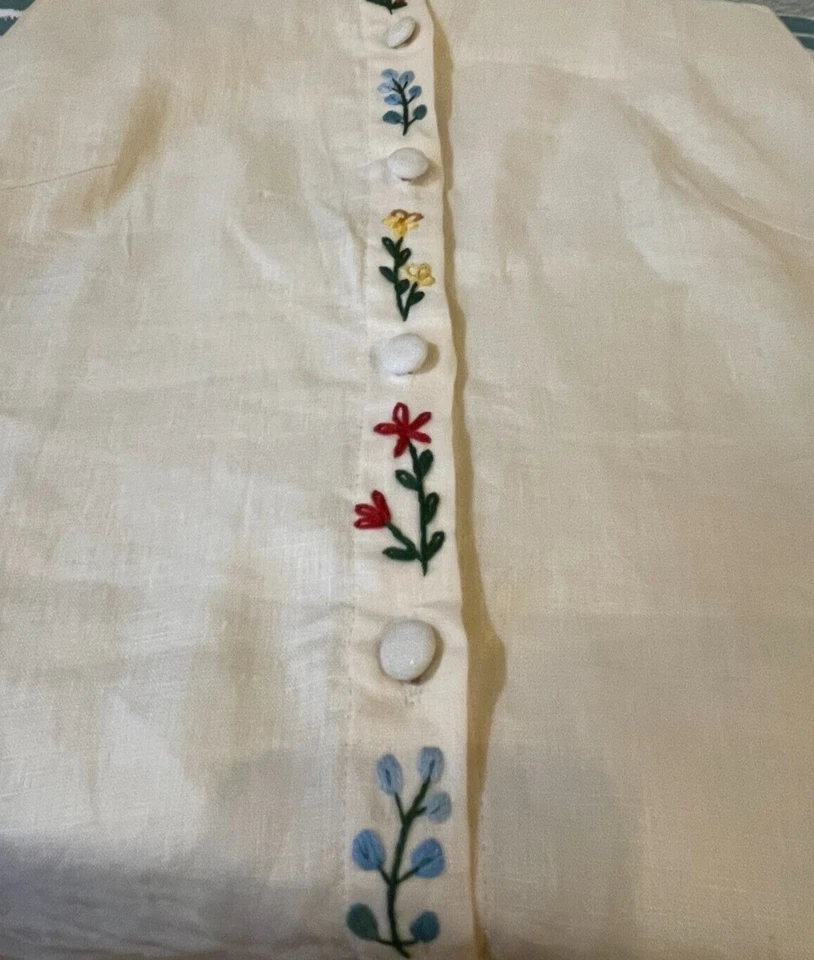 Vestido camisero bordado 100 % lino - crema talla L Foto 3 de 4