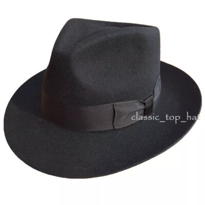 100% Wool Fedora Hat for Men Stiff Snap Brim Wide Band Classic Trilby Felt