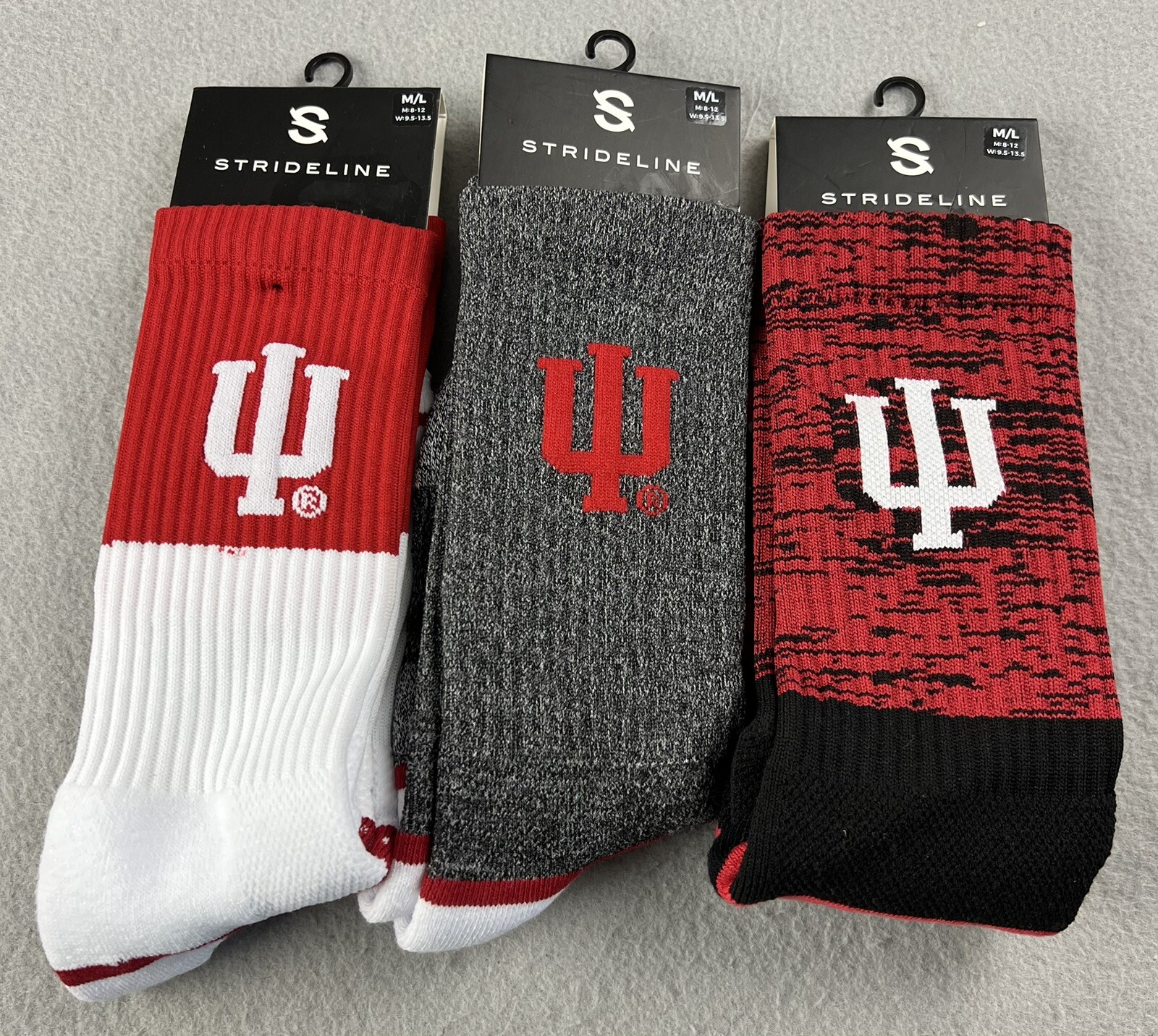 3 PAIRS NCAA Strideline Indiana University Hoosiers Red/Gray Crew Socks M/L NEW