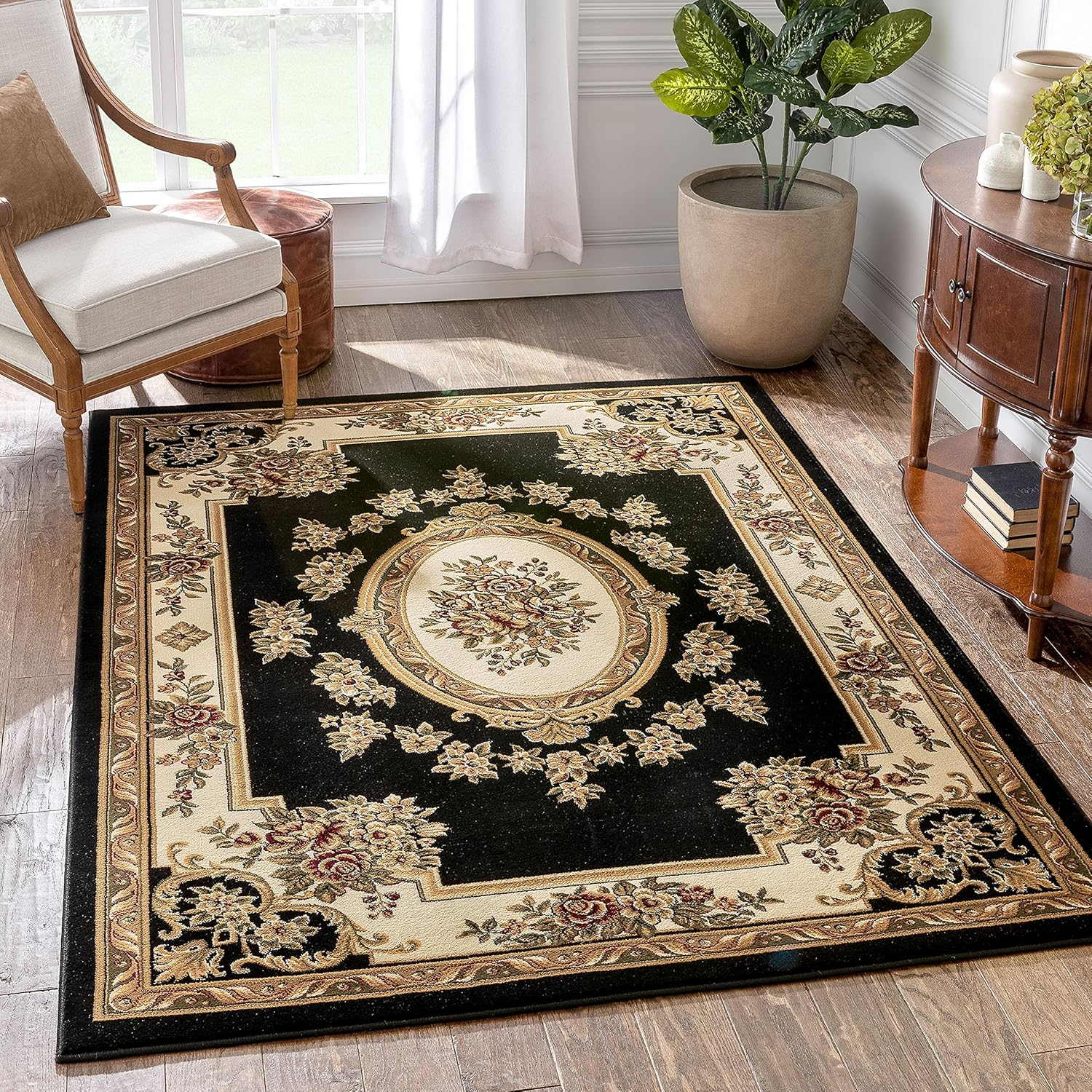 Pastoral Medallion Black French European Formal Traditional Area Rug (5'3