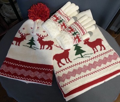 3 Pcs Hat and Scarf Gloves Set for Women Winter Soft Knit Christmas White Dark