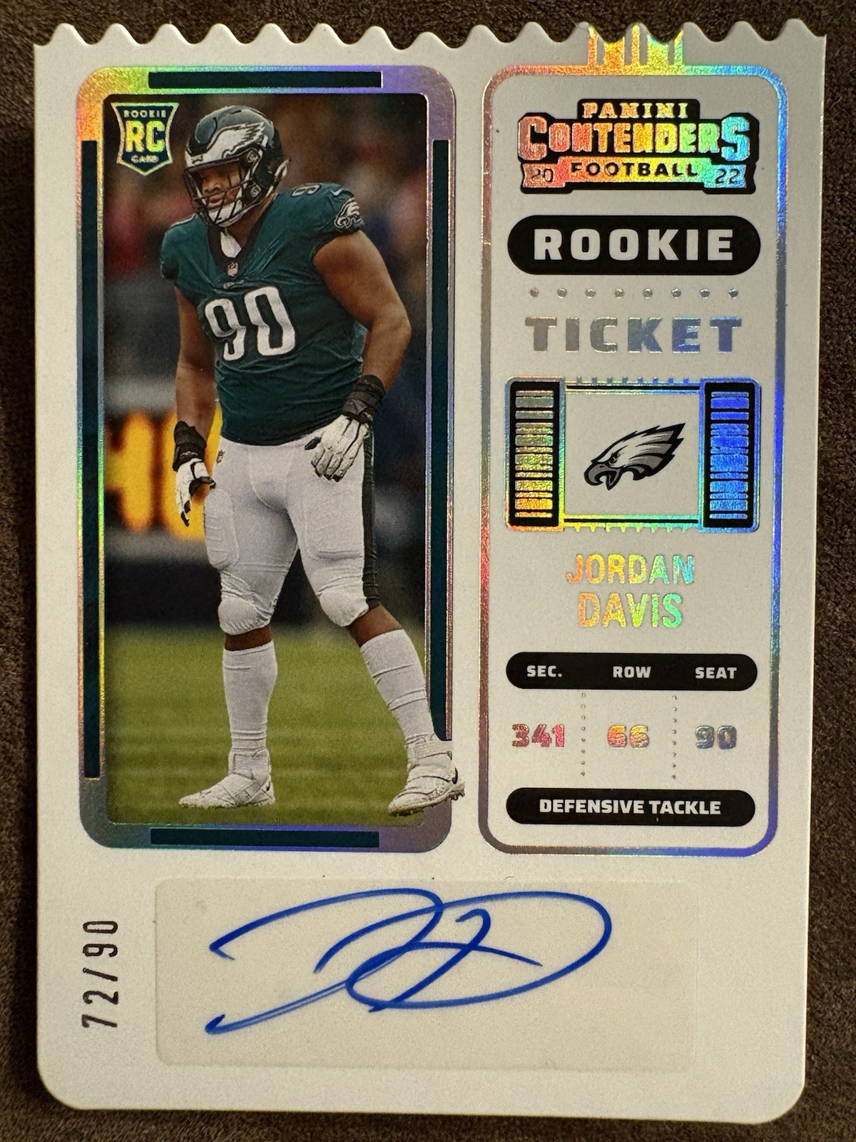 JORDAN DAVIS 2022 CONTENDERS RC ROOKIE AUTO 72/90 TICKET STUB PHILADELPHIA EAGLE
