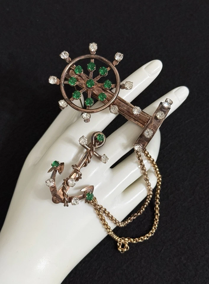 RARE LARGE STERLING SILVER REJA RHINESTONE NAUTICA CHATELAINE BROOCH PIN - Image 3 of 4