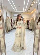 Off white Embroidered Salwar Kameez Readymade, Indian Kurta Sharara Dupatta Set