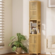 Bathroom Storage Cabinet Bamboo, Narrow Storage Cabinet with Rattan Doo
