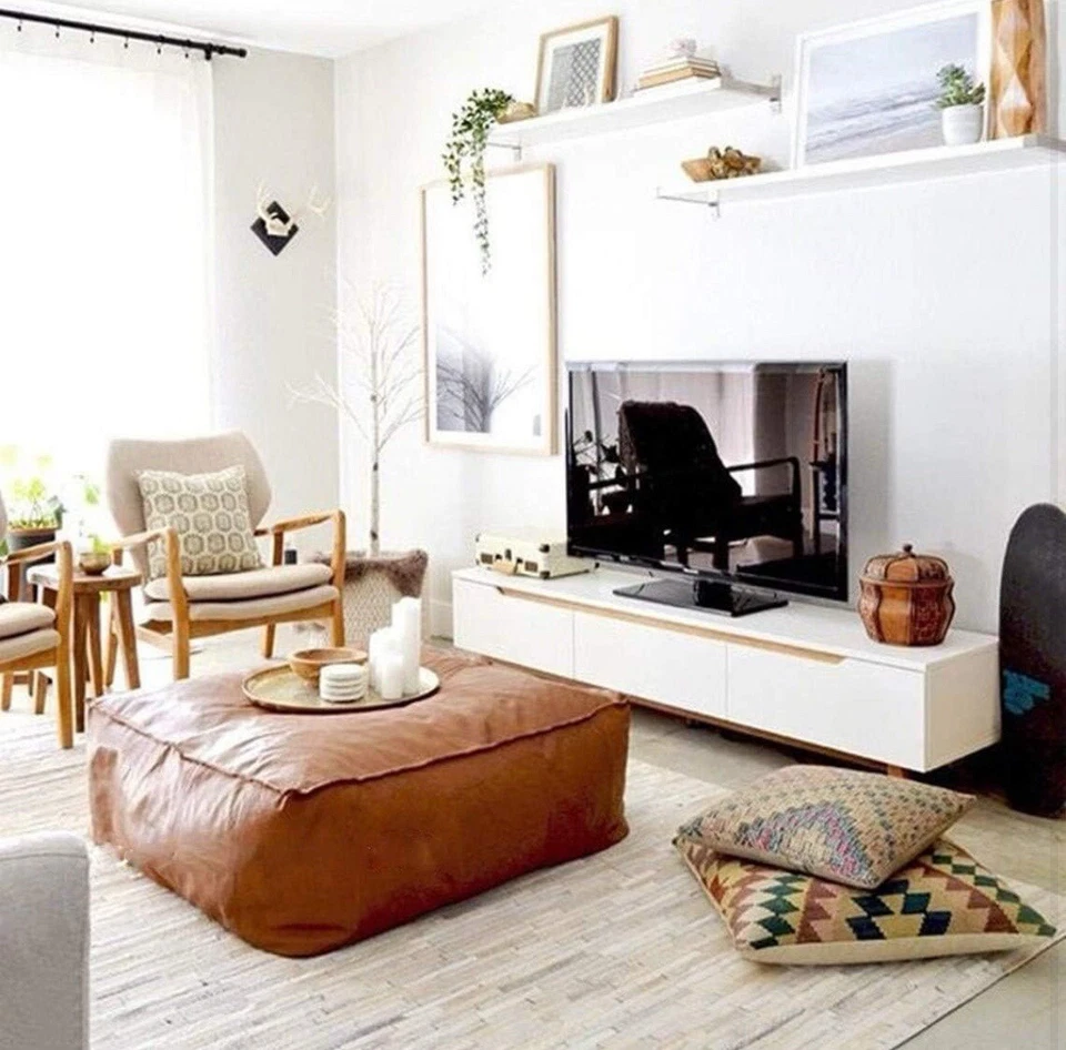 Handmade Genuine Leather Moroccan Ottoman Footstool Pouffe Vintage Brown - Image 3 of 4