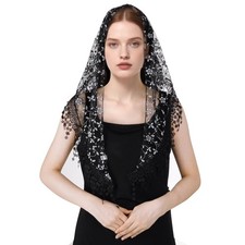 Triangle Lace Mantilla Veil with Tassel Tulle Scarf Shawl Cathedral Head Cove...