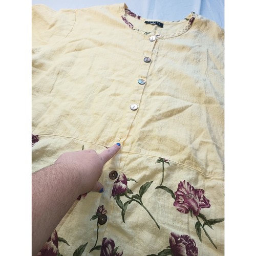 Blusa Fenini 100 % lino amarillo rosa floral con botones para mujer talla 4X - Imagen 3 de 7