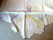 Vintage linen embroidered yellow floral  blue bird pillow case Scalloped Edge