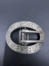 Antique Etched Nouveau Flower Pattern 925 Sterling Silver Oval Belt Buckle
