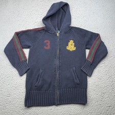 Polo Ralph Lauren Sweater Boys 7 Blue Hooded Full Zip Crest Patch Stripe Knit