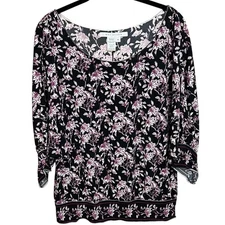 Max Studio Blouse - Black and Pink Floral Dolman Sleeve - M