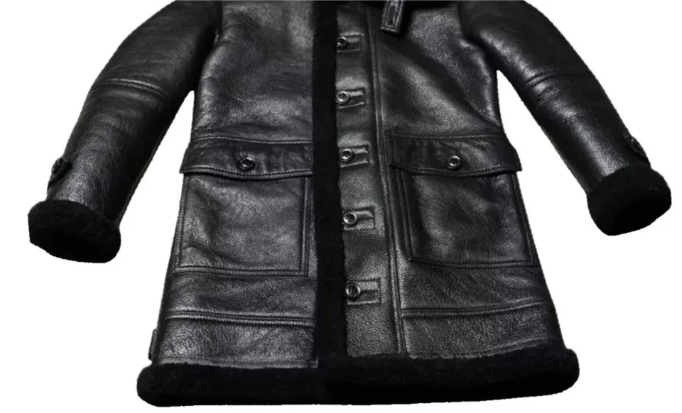 Mens Black Shearling Hooded Coat Real Sheep Leather Winter Jacket - Image 3 of 4