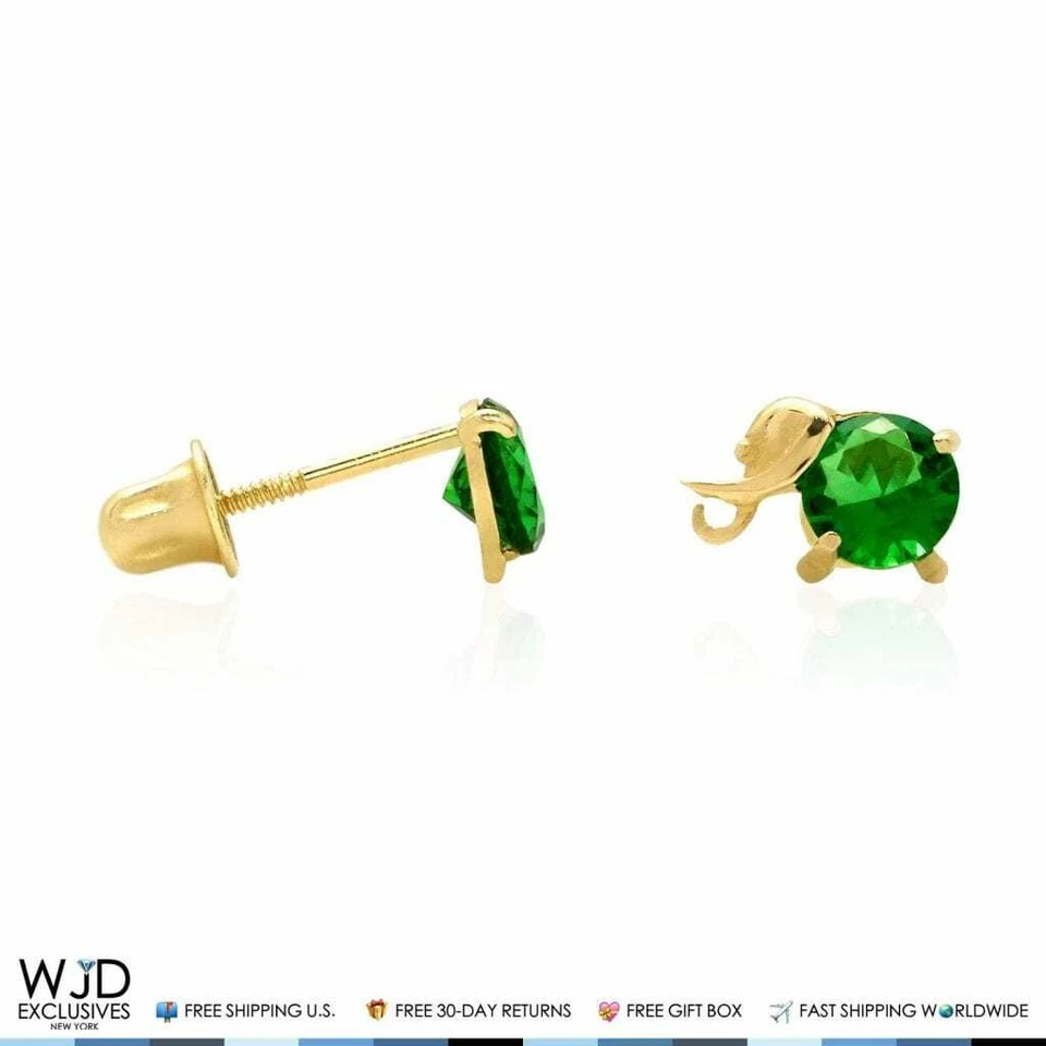 14K Yellow Gold Round Emerald Elephant Baby Screwback Stud Earrings - Image 2 of 4