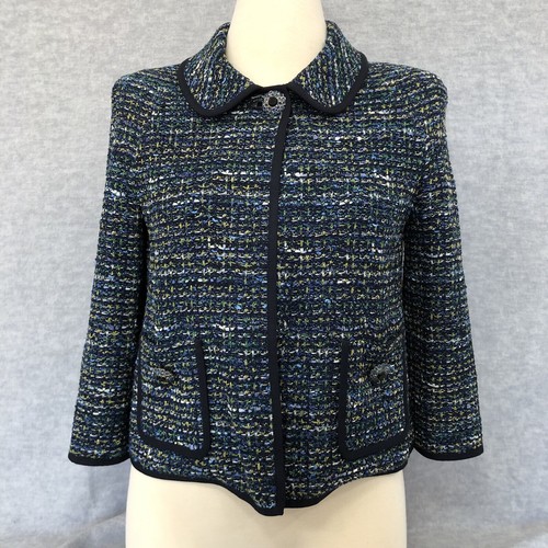 Giacca blazer St John Couture tweed maglia foderata bordo nastro blu verde oro taglia 6 - Foto 15 di 16