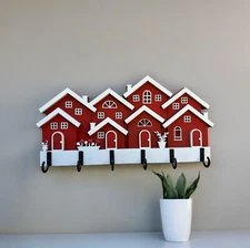 Enchanting Row of Houses Key Holder - 6 Hooks, Rustic Farmhouse Decor
