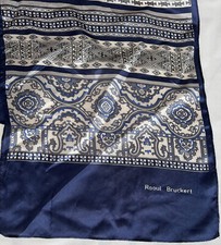 Raoul Bruckert Vintage Navy Print Silk Scarf Oblong 11" x 48" RARE
