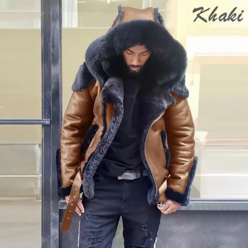 Men's Coats Teens Motorcycle Winter PU Slimming Jacket Fur Hood Fashion Warm - Picture 2 of 39