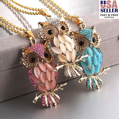 Owl Pendant w/Necklace Opal Lab Created/Plated Fashion Jewelry 28'' SELECT COLOR