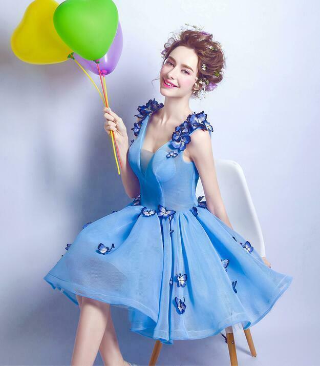 elegant butterfly dress Womens V Neck Elegant Butterfly Flowers Mini Ball Gown Wedding Bridesmaid  Dress