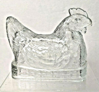 Antique Glass Candy Container HEN on SAGGING BASKET NEST marked 2 oz. AVD