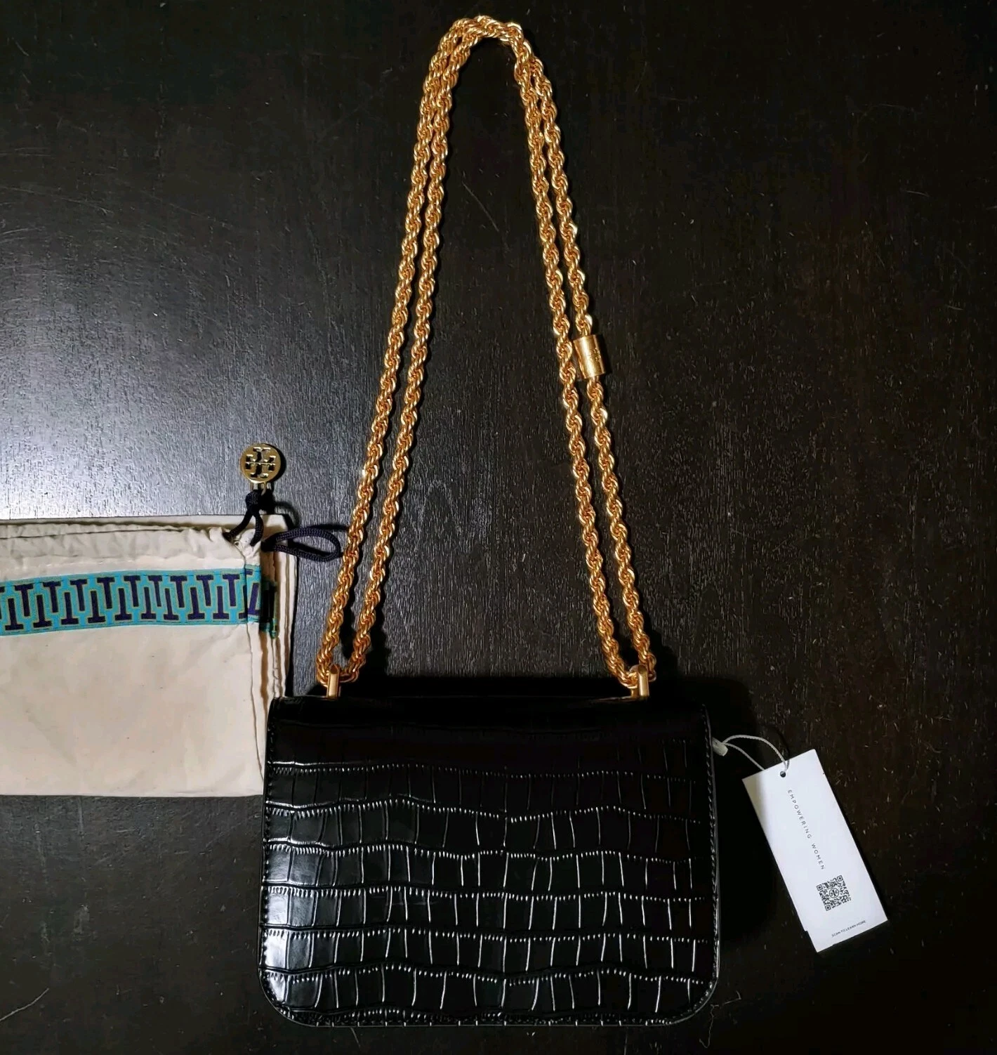 Borsa a tracolla Tory Burch Eleanor nuova con etichette in pelle di coccodrillo nera laminata catena oro