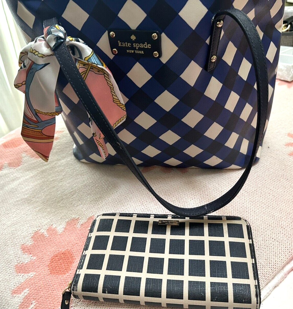 KAT SPADE LARGE TOTE BAG BLUE/WHITE GINGHAM WITH FREE KS WALLET