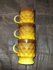 3 VTG RETRO ANCHOR HOCKING KIMBERLY DIAMOND FIRE KING YELLOW MUG CUPS D HANDLE
