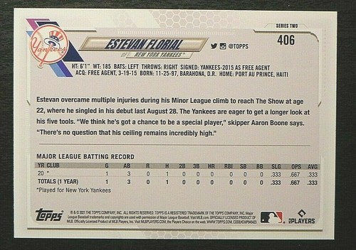 2021 Topps Series 2 Baseball ROOKIE #406 Estevan Florial New York Yankees - Picture 2 of 2