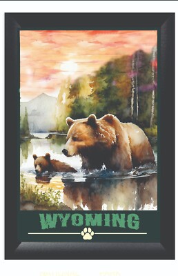 WYOMING Grizzly Bear Art Wild Life Wilderness Scene Travel Poster Prints