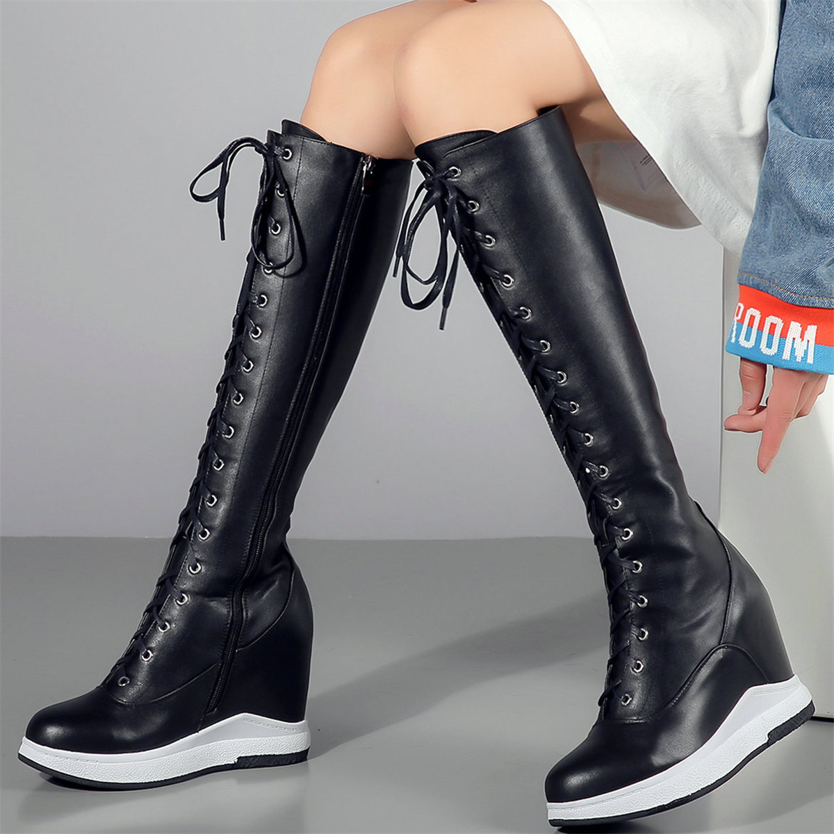 Women's Cow Leather Wedges Thigh High Boots Lace Up High Heel