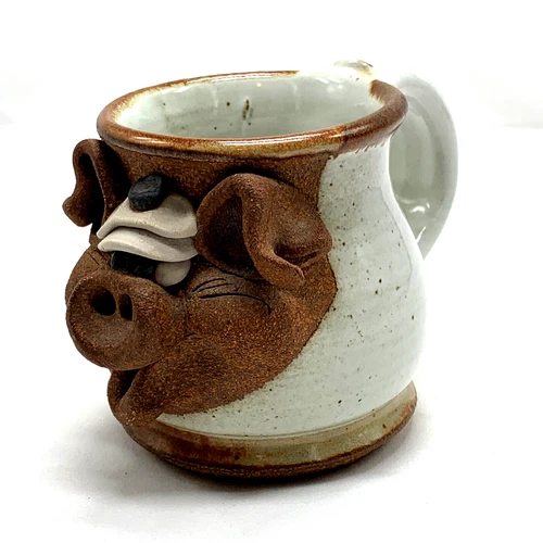Mahon Pottery Coffee Mug Beige Funny Ugly Pig Face Hand Crafted Stoneware 1980