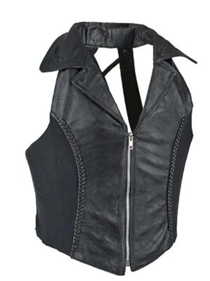 Women's Halter Top Leather with Collar and Braid Classic Style Collar Zipper