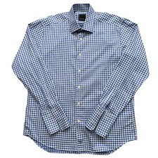David Donahue Shirt Mens 16.5-34/35 Long Sleeve Dress French Cuff Check Blue