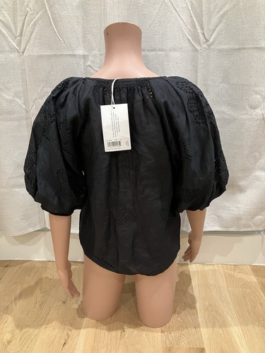 Frame cotton eyelet puff sleeve tie neck top black size xs - Picture 9 of 9