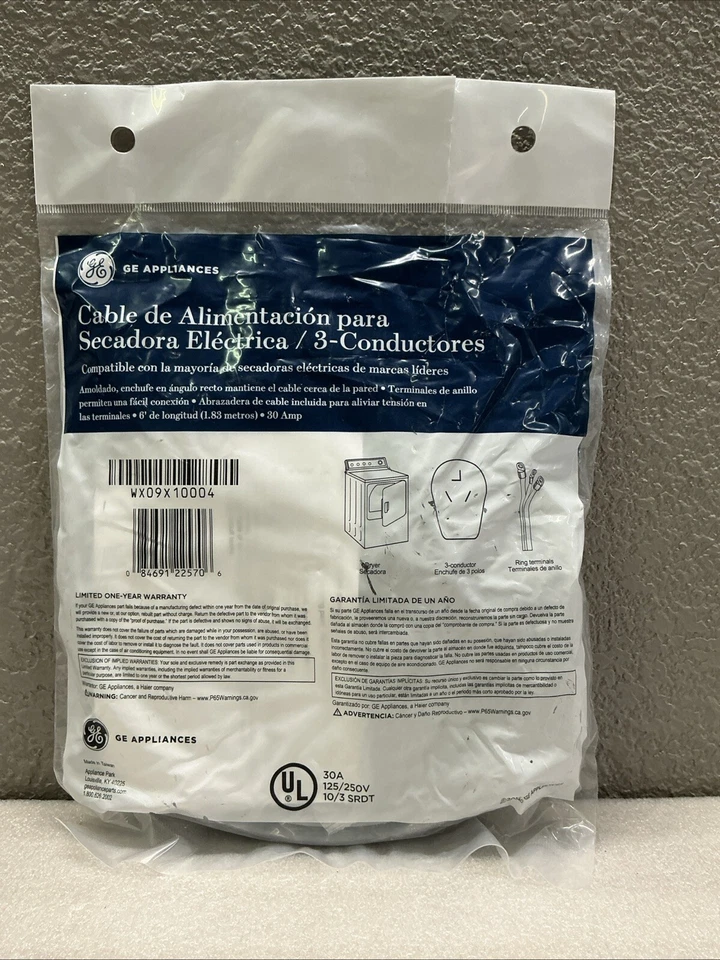 GE 6' 30A 240 В 3-проводной шнур сушилки WX09X10004 шнур питания новый - Изображение 2 из 2