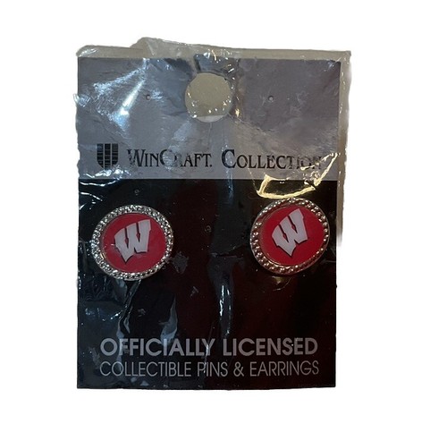 NEW University of Wisconsin UW Badgers Round Flat Stud Logo Earrings - Picture 2 of 3