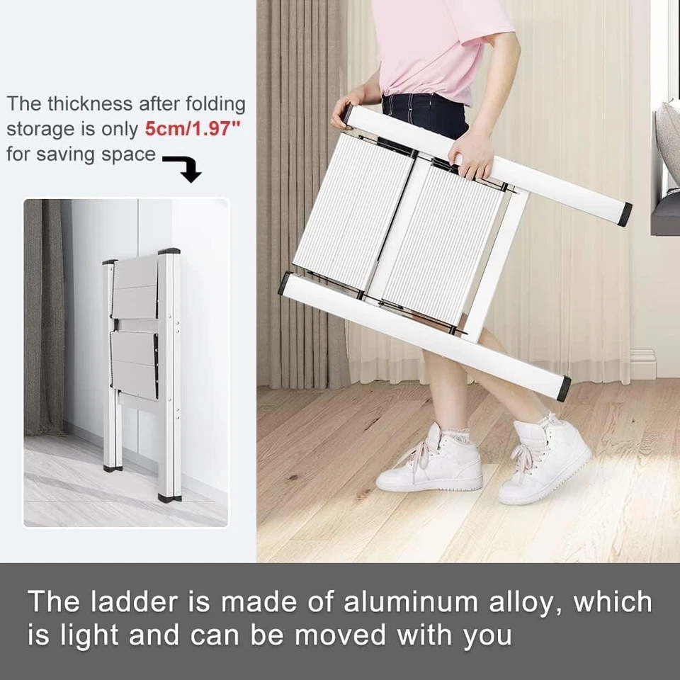 Scala pieghevole leggera a 2 gradini, larga scala, carico 135 kg, argento - Immagine 3 di 4