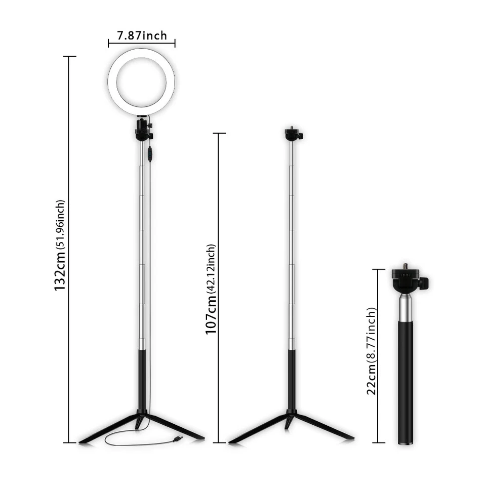 LED Ring Light+Selfie Stick Phone Holder Desktop LED Lamp 3 Light Modes Makeup - Image 2 of 4