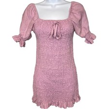 Faithfull The Brand Womens Pink Linen Mini Dress Sz XS Boho Romantic Puff Sleeve
