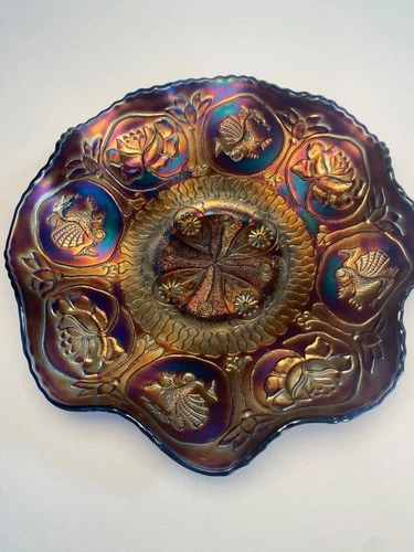 Fenton Dragon and Lotus Carnival Glass Cobalt Iridescent Bowl Antique 9"