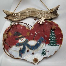 Rustic Wood Heart Snowman Wall Hanging Decor Let It Snow Christmas Winter Sign